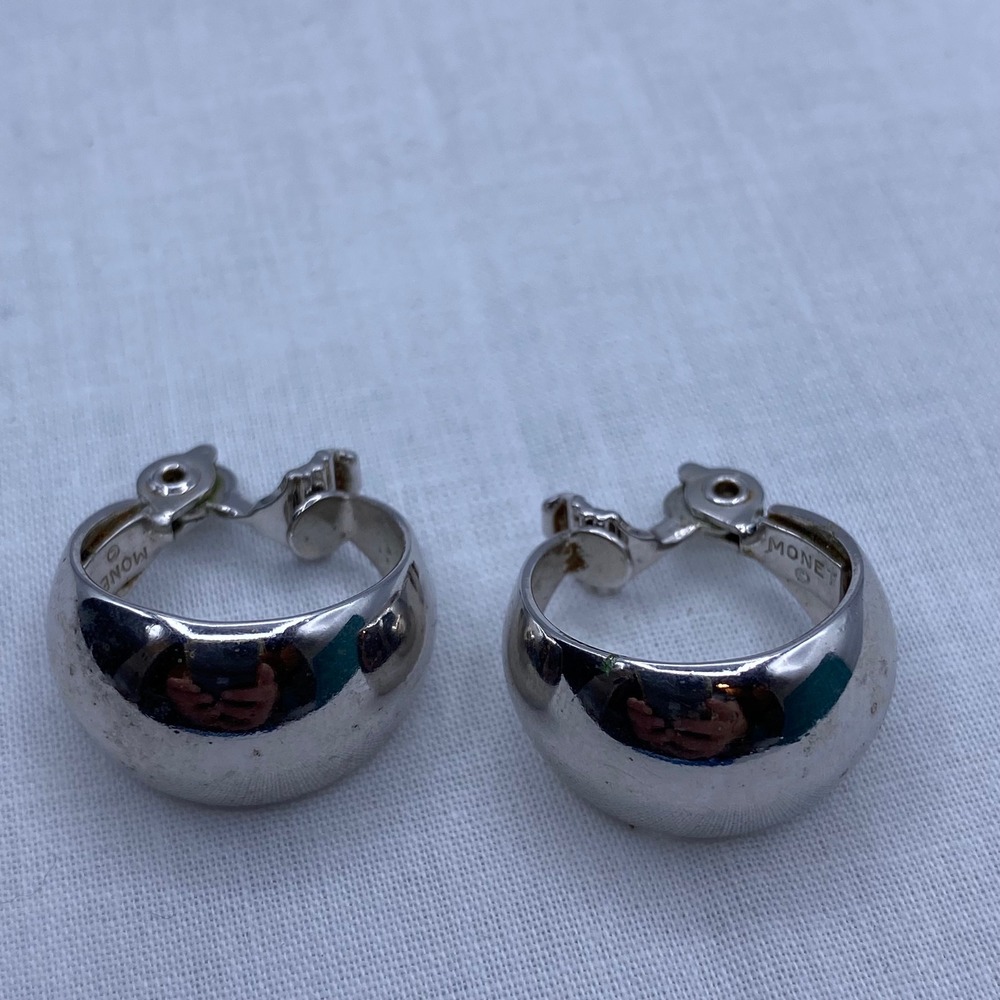 Vintage Monet Clip-on Earrings Silver Chunky Dome Hoop Polished Retro MCM Bold